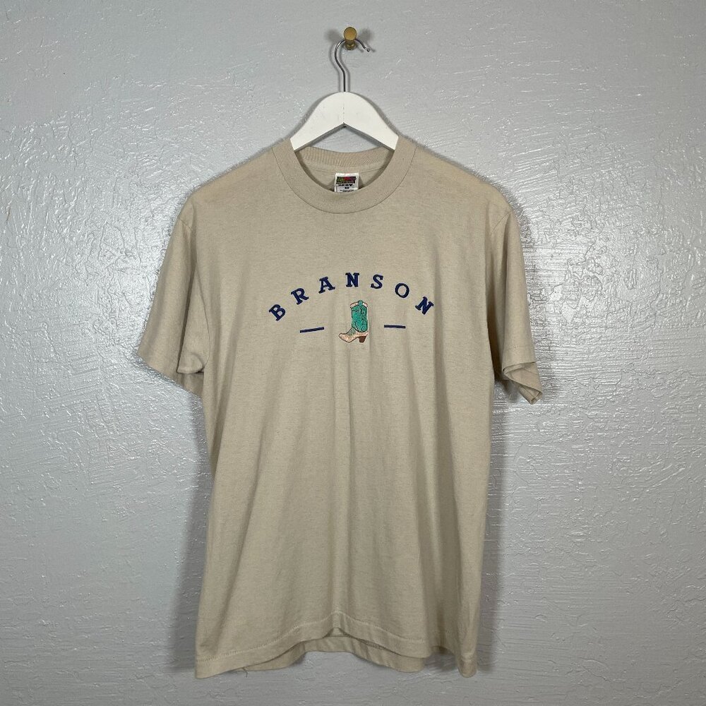 VINTAGE Fruit of the Loom Unisex L Beige Branson Missouri T-Shirt Single Stitch
